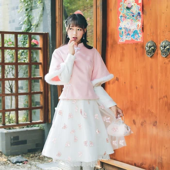 Kış Çin tarzı cheongsam yaka trompet kollu örgü gazlı bez işlemeli yün iki parçalı elbise Hanfu elemanı Prenses Lolita