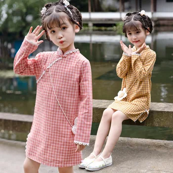 Cheongsam Vintage Gerdirme Bahar Sonbahar kızın Checker Çanta Uzun Kollu Qipao Çin Tarzı Güzel Tatlı Prenses Elbise
