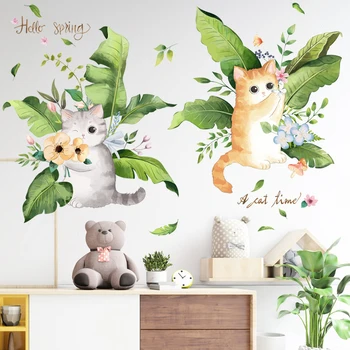 Karikatür Kedi Muz Yaprakları duvar Sticker Kendinden Yapışkanlı Yatak Odası Oturma Odası Çalışma Dekoratif Çıkartması Çıkarılabilir
