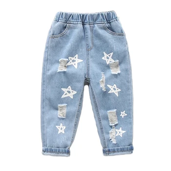 Bebek Kız Delik Kot Yıldız Baskı çocuk pantolonları Kızlar İçin Elastik Bel Kot Pantolon İlkbahar Sonbahar Rahat Çocuk Giysileri 1-5 yıl