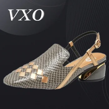 VXO kadın Pompaları Kadın Yaz Orta Topuk deri ayakkabı Kare Ayak Deri Tıknaz Topuk rahat ayakkabılar