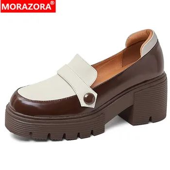 MORAZORA 2023 Yeni Hakiki Deri Karışık Renkler Ayakkabı Kadın Loafer'lar Kare Yüksek Topuklu tek ayakkabı Ofis Bayanlar Platformu Pompaları