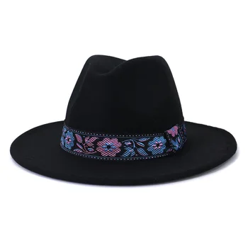 Kadın Erkek Yün Fedora Şapka Vintage çiçek Kemer Beyefendi Zarif Bayan Kış Sonbahar Geniş Ağız Caz Kilise Panama Sombrero Ca