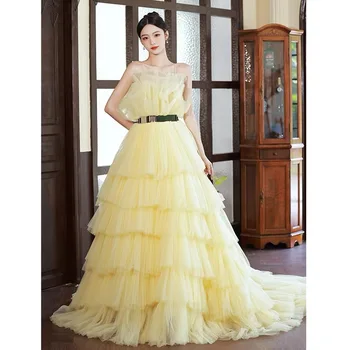Lüks Sarı Akşam Elbise Romantik Kemer Kek Katmanlı Spagetti Kayışı Prenses Sweep Tren Uzun Balo Parti Resmi Elbisesi Kadınlar İçin
