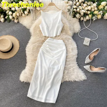 2021 Yaz Moda İki Parçalı Set Kadın Ofis Takım Elbise Beyaz O-boyun Yelek Kırpma Üst Ve Yüksek Bel Bodycon Midi Etek Setleri Kıyafet