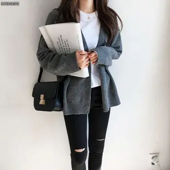 Sevimli Siyah Gri Kazak Hırka Kadın 2021 Sonbahar Kış Rahat Tek Göğüslü Dış Giyim Kore Şık Moda Örme Uzun Kollu