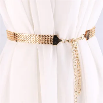Kadın moda kemer kalça yüksek bel altın dar Metal zincir tıknaz saçaklar