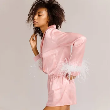 2021 Sonbahar Saten Uzun Kollu Şort Kadın fransız Ev Elbise Kadınlar için Tüy Katı İpek Pijama Ayrılabilir Set Pijamas 