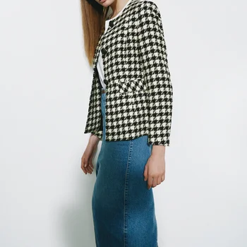 ZXQJ Kadınlar 2021 Moda Gevşek Cepler İle Balıksırtı Blazer Ceket Vintage O Boyun Uzun Kollu Kadın Giyim Chic Tops