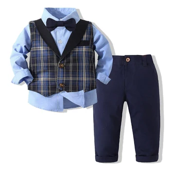 Erkek bebek Beyefendi Takım Elbise Bahar Sonbahar Mavi Gömlek papyon + Ekose Yelek + Pantolon 3 Adet Resmi Çocuklar Düğün parti giysileri Seti