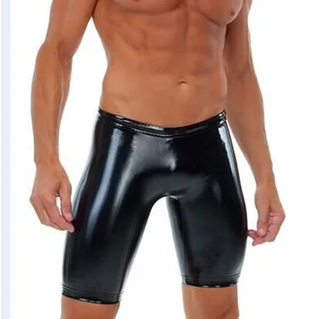 Seksi ıslak bak PU deri Kapri şort Clubwear yüksek bel sıska şort diz boyu erkek boksörler