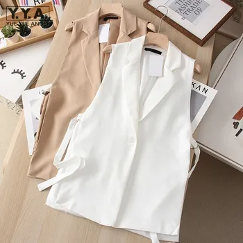 Bahar Sonbahar Ofis Bayan Takım Elbise Yelek Üstleri Kadın Rahat Kolsuz Dış Giyim Ceket Iş Iş Bir Düğme Ince Yelek Yelekler