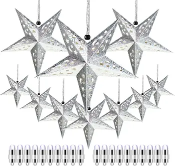 10 Adet Kağıt yıldız fener 20 LED parti ışıkları Noel 3D altın Gümüş Kağıt Asılı Dekorasyon Noel için ev dekor