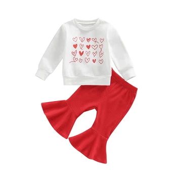 Yürümeye başlayan Sevgililer Günü Kıyafeti Rahat Uzun Kollu Yuvarlak Boyun Kalp Baskı Üstleri Uzun Gevşek Çan Dipleri Pantolon Bebek Kız Giysileri Seti