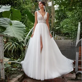 V Yaka Seksi Yarık Aplikler Dantel Backless Tül A-Line düğün elbisesi 2022 gelinlikler Vestido De Noiva