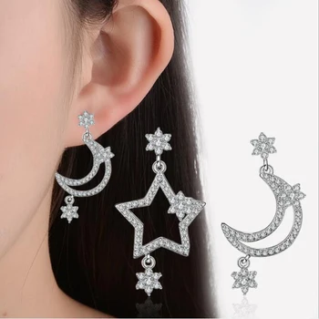 KOFSAC Charm 925 gümüş saplama küpe Kadınlar için Zarif Asimetri Ay Yıldız CZ Çiçek Küpe Bayan Güzel Takı Hediye