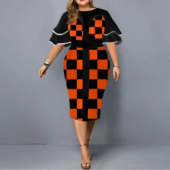 Artı Boyutu Elbise Kadınlar 2021 Zarif Geometrik Baskılı doğum günü partisi elbisesi Şık Moda Katmanlı Kollu Noel Kulübü Elbise 5XL