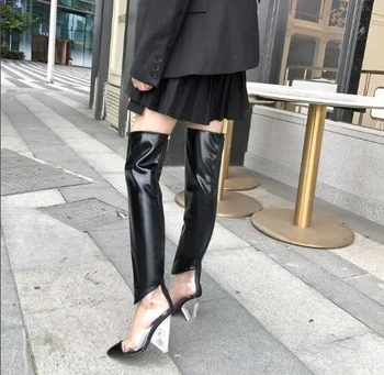 PVC Kadın Gümüş Siyah Beyaz Sivri Burun Patchwork Şeffaf Kristal Tıknaz Başak Topuklu Fermuar Uyluk Diz Üzerinde Uzun Çizmeler