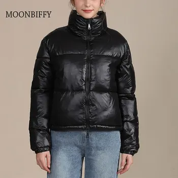 Kış Parka Ceket Kadın ve Ceket Kalın Sıcak Kadın Moda Siyah PU Deri Mont Kadın Zarif Fermuar Faux deri ceketler Tops