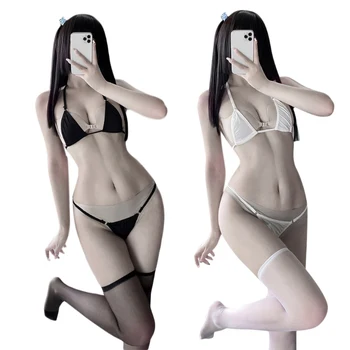 2 ADET Halter Dize Üçgen Sutyen Ve Tanga Egzotik Seti Seksi Kadın İç Çamaşırı Mini Bikini Lolita Cosplay Kawaii İç Çamaşırı