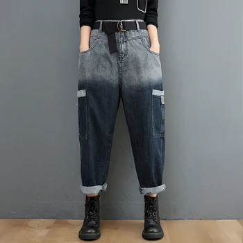 Gevşek Büyük Boy Erkek Arkadaşı Kot Kadınlar İçin Rahat Kış Patchwork Harajuku Geniş Bacak Anne Denim Pantolon Vintage Kemer dökümlü pantolon