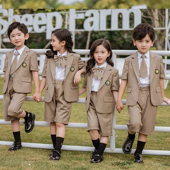 Çocuk okul üniforması Kız Erkek Kısa Kollu Blazer Ceket Gömlek Elbise Şort Elbise Kravat Seti Kore Japon Öğrenci Kıyafeti