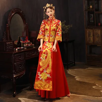 Üç çeyrek Kollu Yeni Tasarım Zarif Gelin Gelinlik Saten Vintage Cheongsam Oryantal Klasik Vestidos китачское платье