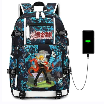 Anime Fullmetal Simyacı keten sırt çantası USB Şarj Zip okul çantası Rahat Mochila omuzdan askili çanta laptop çantası Seyahat Çantası Sırt Çantası