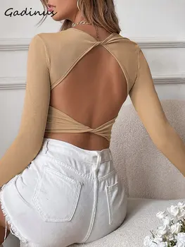 En Vintage 90 s Seksi Yk2 Giyim Göğüs Wrap Komik Gömlek Hiçbir Mantıklı Örgü Bolero Backless Uzun Kollu T Shirt Kadın