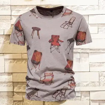 2022 Moda Erkek T-shirt Sandalye Desen Gevşek Yaz Ter emici Ekip Boyun Üst Streetwear 