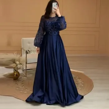 Modern Lacivert A-Line Abiye Puf Uzun Kollu Parlak Dantel Saten Yarık balo elbisesi Suudi Arapça Kadınlar Resmi Elbise