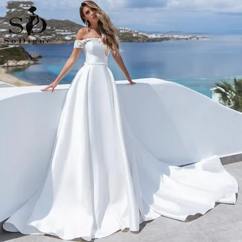 SoDigne Modern Saten düğün elbisesi 2022 Bir Çizgi Kapalı Omuz Boho Gelin Elbise Custom Made Boncuk Kemer