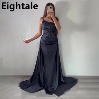Eightale Kat Uzunluk Mermaid Akşam Elbise Uzun Lüks 2022 Boncuklu Bir Omuz Siyah Balo Elbise Bel Tren Örgün Parti Kıyafeti