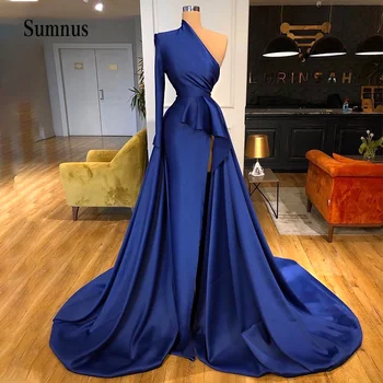 Sumnus Suudi Arabistan Akşam Elbise Tek Kollu Kraliyet Mavi Saten balo kıyafetleri Yüksek Yarık Dubai Abiye giyim Ayrılabilir Tren