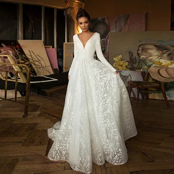 Sıcak Modern V Boyun Saten düğün elbisesi Dantel Bir Çizgi Etek Gelin Elbiseler Sonbahar Kış Uzun Kollu gelin kıyafeti Vestidos De Novia