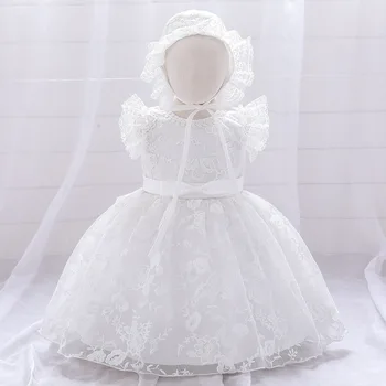 Bebek Çiçek Kız Elbise İşlemeli Dantel Bir Yaşında Elbise Kadın Bebek Prenses Parti Akşam Elbise Çocuk Doğum Günü Şapka Göndermek