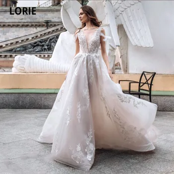 LORIE Bohemian Gelinlik V Boyun Aplikler Dantel A-Line backless Tül Prenses Boho gelin kıyafeti 2021 vestidos de novia
