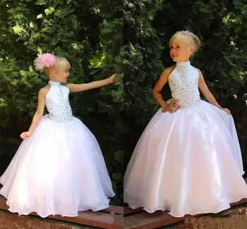 Çiçek Kız Elbise Düğün İçin Beyaz Ucuz Yüksek Boyun Kızlar Pageant elbise Renkli Rhinestone Prenses parti Törenlerinde