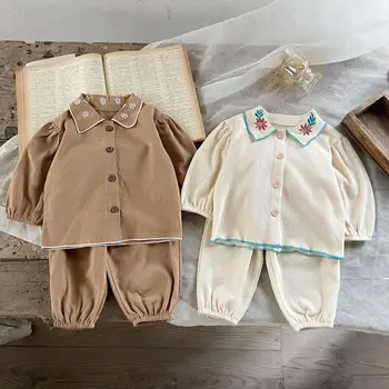 Bahar Yeni Kız Bebek Katı Uzun Kollu Gömlek Seti Erkek Çocuk Nakış Çiçek pamuklu üst giyim + Dantel Pantolon 2 adet Takım Elbise Çocuk Rahat Setleri