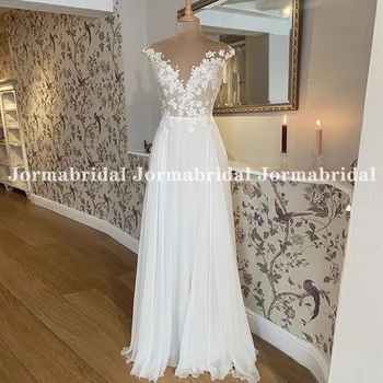 Beyaz Şifon Plaj düğün elbisesi Kadın İçin Bir Çizgi Cap Sleeve Çiçek Dantel Boho Gelin Elbiseler 2022 gelin kıyafeti Robe De mariee