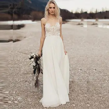 Plaj Ucuz düğün elbisesi Spagetti Sapanlar İle 2022 Vestido De Noiva Vintage Dantel Üst Şifon Boho gelin elbiseleri Sweep Tren