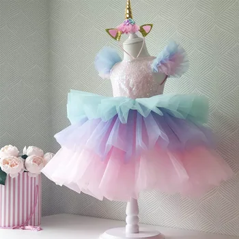 Kızlar Prenses Elbise Çocuk Düğün Parti Pageant Vestidos gökkuşağı ünikorn Kek Katmanlar Tutu balo elbisesi Çocuklar Akşam Resmi