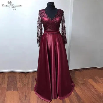 Bordo Anne Gelin Elbiseler Uzun Kollu Backless A-Line Uzun Dantel Düğün Konuk gece elbisesi Örgün Parti Törenlerinde