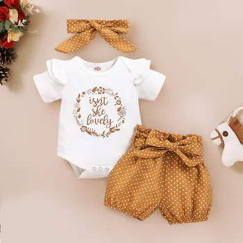 Yeni Yaz Yenidoğan Bebek Kız Ruffles Mektubu Baskı Bodysuit Romper + Nokta Şort Kıyafetler Bebek Giysileri Set Çocuk Giysileri