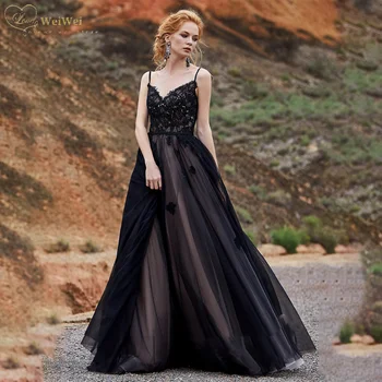 Spagetti Sapanlar Siyah düğün elbisesi 2022 Dantel Aplike A-line Gelin Elbise Kat Uzunluk Vestido De Fiesta Largos De Gala