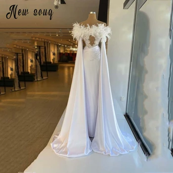 Lüks Tüyler Mermaid Dubai Abiye Pelerin Kollu Uzun Arapça Uzun Balo Resmi Elbiseler Kadınlar için Düğün Konuk Parti