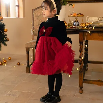 Kış Toddler Bebek Kız Uzun Kollu Kadife Elbise Parti Kırmızı çocuk giyim Çocuklar Prenses günlük kıyafetler Sevimli Elbiseler Yay