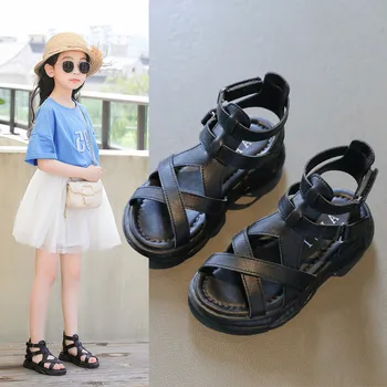 Yaz 3-16Years Eski çocuk sandaletleri Kız Roma Ayakkabı Siyah Beyaz Çocuk Plaj Sandalet Rahat kaymaz Moda Fille Chaussure