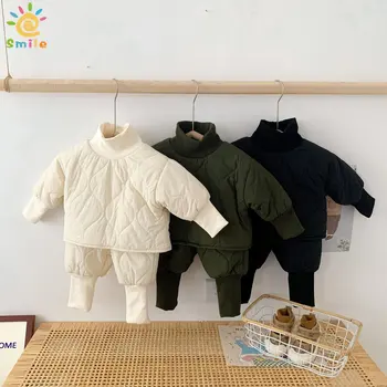 Sonbahar Kış Pamuk Erkek ve Kız Kalın Sıcak Balıkçı Yaka Ceket + pantolon Setleri Çocuk Gri günlük giysi 0-6 Yıl Çocuk Sonbahar Pamuk