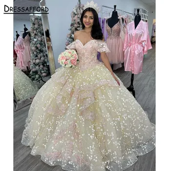 Zarif Sarı Quinceanera Elbiseler Kapalı Omuz 3D Aplikler balo elbisesi 2022 Tatlı 16 Elbise